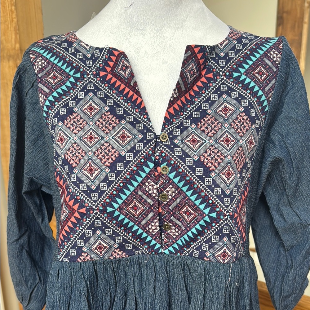Hayden LA Aztec print denim dress L boho notch v neck boho - Picture 2 of 5